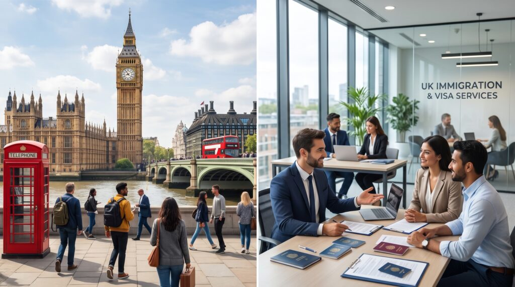 UK Visa Application UK Split-screen banner featuring Big Ben and London landmarks alongside a modern immigration consultation office with advisors helping clients.